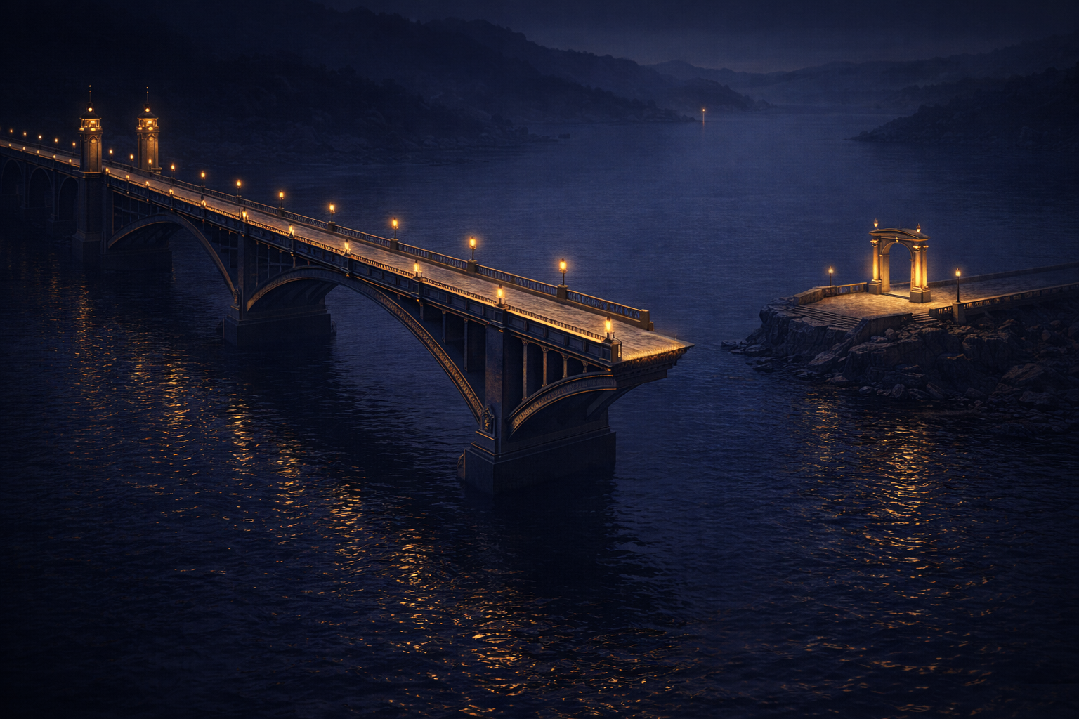 Golden bridge at twilight by the shore